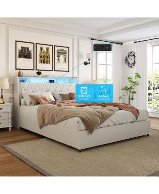  Queen Bed Frame with Ergonomic Headboard, Outlets, LED Light & Storage Shelf