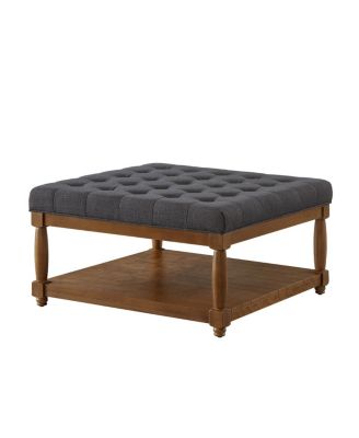 Large Tufted Linen Ottoman Coffee Table with Solid Wood Shelf