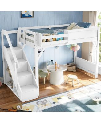 Twin Loft Bed with Wardrobe, Storage, Shelves, Guardrails, Stairs