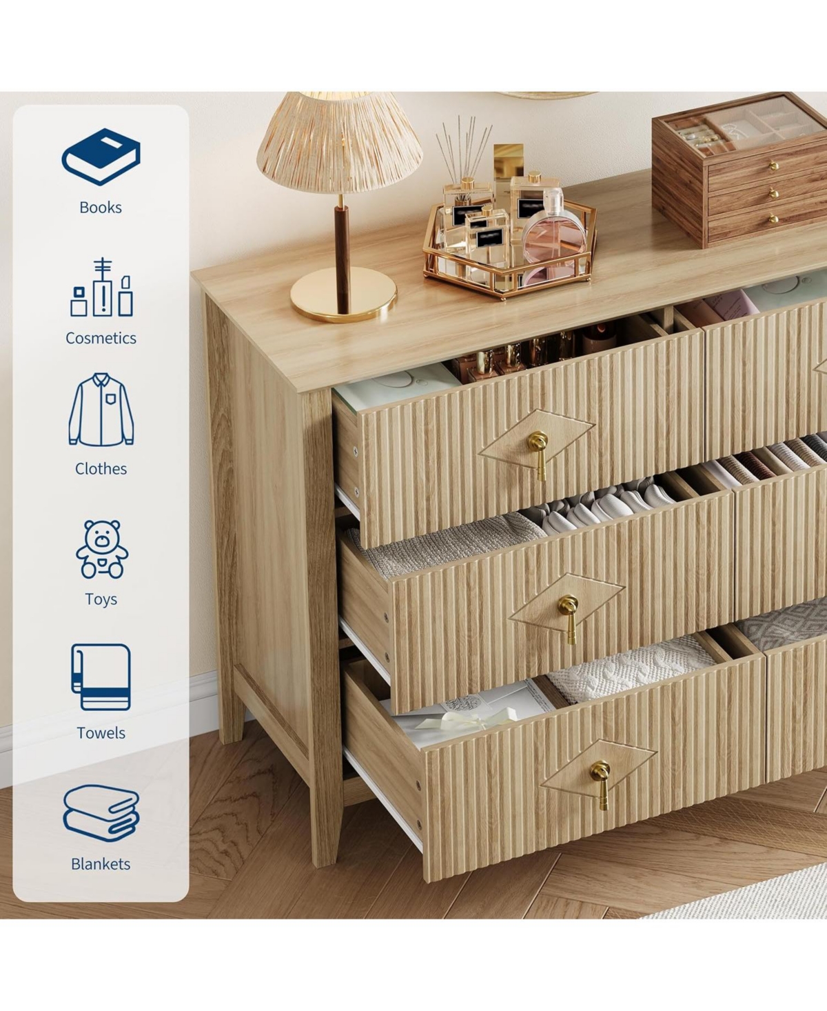 gaomon Fluted 6 Drawer Dresser, 47.2" Wide Modern Wooden Chest for Bedroom, Living Room, Entryway, Natural Oak