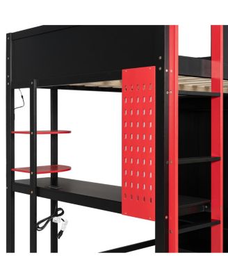 Streamdale Full Size Wood Loft Bed with Desk, Open Wardrobe and RGB Light