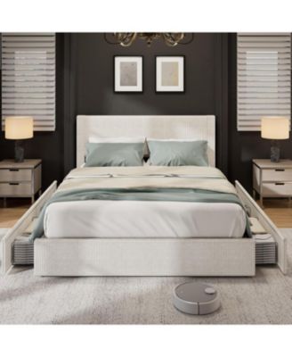 Platform Bed Frame with 4 Storage Drawers, Upholstered Channel Tufted Wingback Headboard Bed Frame with Strong Wooden Slat Support