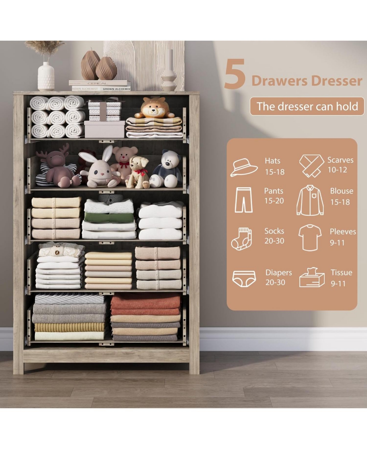 Gaomon 5 Drawer Dresser for Bedroom – Modern Simply Chest of Drawers, Wood Storage Dresser with Deep Drawers for Living Room, Hallway, Entryway