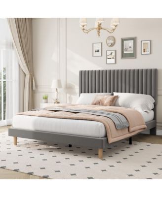 Upholstered Platform Velvet Bed Frame with Headboard,Strong Wooden Slats Support