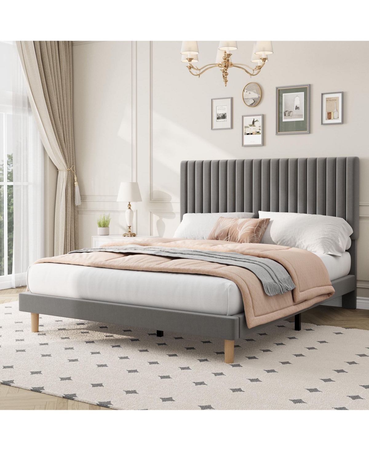 gaomon Upholstered Platform Velvet Bed Frame with Headboard,Strong Wooden Slats Support