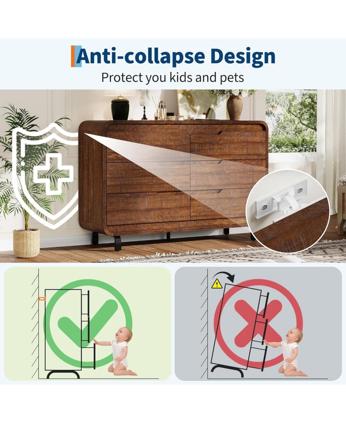 Gaomon 6-Drawer Dresser, 47 Wide Modern Wooden Storage Chest for Living Room, Hallway