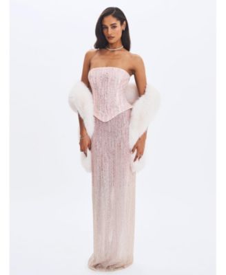 Women's Tosca Pink-to-White Beaded Gradient Strapless Maxi Dress