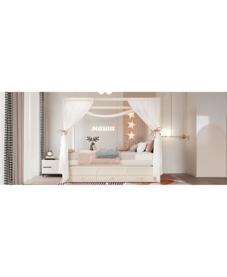 Twin Upholstered Platform Bed with Trundle, 3 Drawers & Canopy