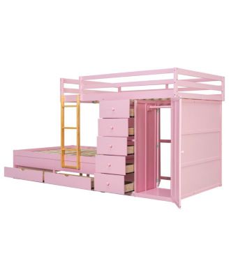 Full Size Bunk Bed with 2 Large & 5 Small Drawers, Wood & MDF