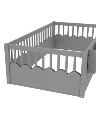  Twin Floor Bed with Fence & Bookshelf, Wood Kids Bed