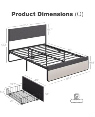 Upholstered Size Platform Bed Frame with 2 Storage Drawers and Headboard, Mattress Foundation with Steel Slat Support