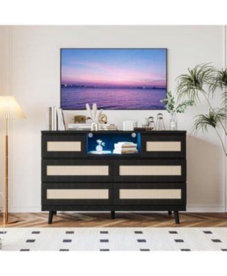 Rattan Wooden Dresser with 6 Drawers and Charging Station, 47" Modern Dresser with LED Lights and Open Shelves