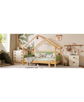 Twin Size Wood Treehouse Bed with Soft Cushion Rails