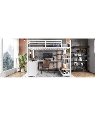  Metal Loft Bed with Wardrobe, L-shaped Desk & Storage