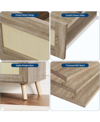 Wooden Dresser with 6 Drawers Wide Chest of Drawers with Rattan Fronts Boho Style