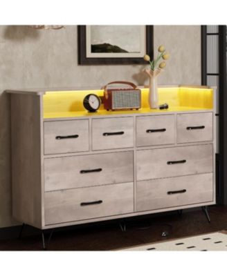Dresser for Bedroom with LED Light & Charging Station, 8 Drawers with Open Space, Vintage Chest of Wide Drawers for Living Room.