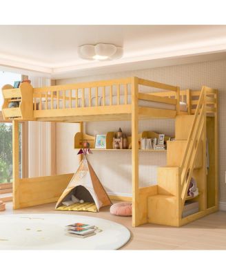 Queen Size Wooden Loft Bed with Staircase, Wardrobe & Shelves