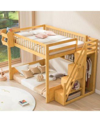 Queen Size Wooden Loft Bed with Staircase, Wardrobe & Shelves