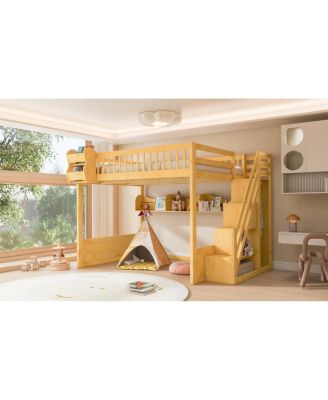 Queen Size Wooden Loft Bed with Staircase, Wardrobe & Shelves