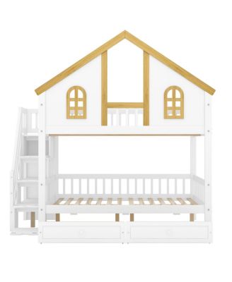 Full Size Wooden House Roof Bunk Bed with Window, Door, Storage & Stairs