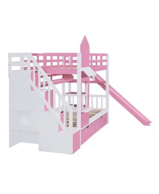 Twin-Over-Twin Castle Bunk Bed with Drawers, Shelves & Slide
