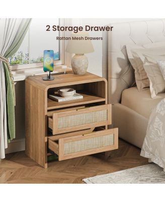 Rattan Nightstand with Charging Station, 2 Drawers, 22.8" Wide Bedside Table
