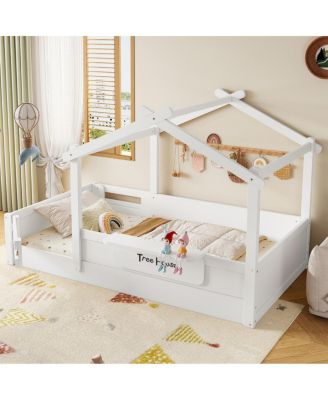 Twin Size House Floor Bed with Guardrails, Roof, Tray & Signboard