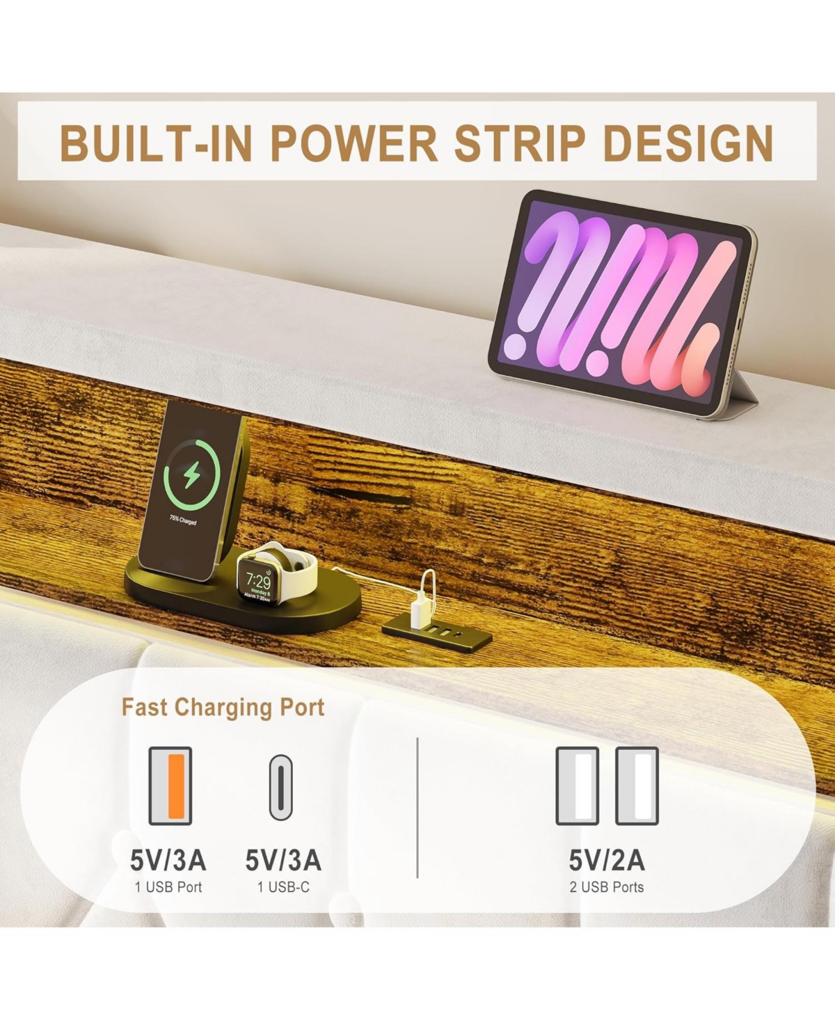 gaomon Upholstered Bed Frame with Headboard and Led Lights, Charging Station