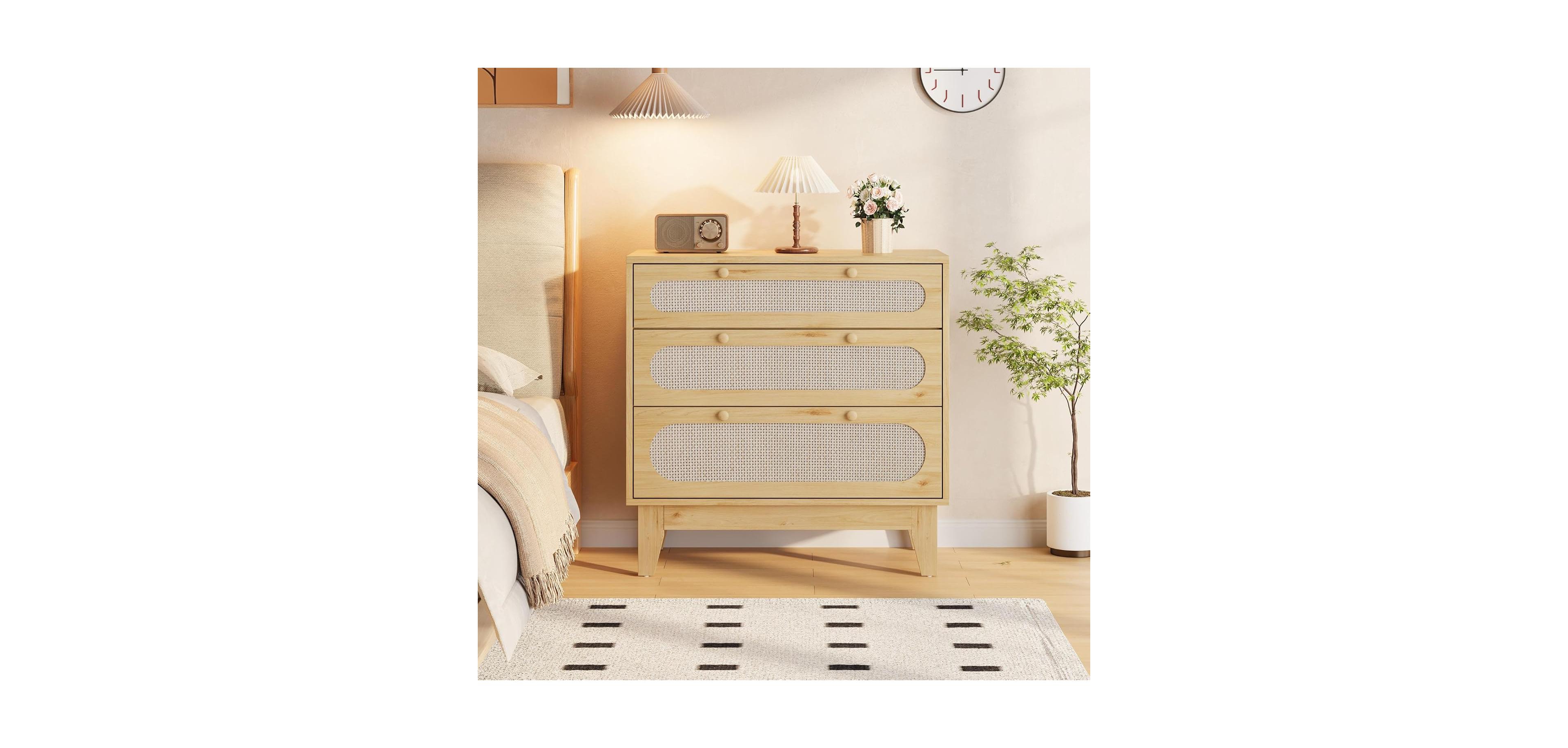 gaomon Rattan Nightstand with Drawers, Modern Large Bedside Table Night Stand for Bedroom