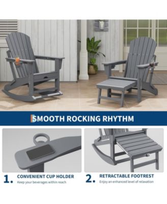 Adirondack Rocking Chair, Folding & Portable Rocker with Retractable Ottoman & Cup Holders, HDPE All Weather Outdoor Chair for Porch