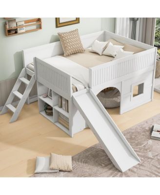 Streamdale   Wooden Low Loft Bed with Storage, Slide, Door & Window