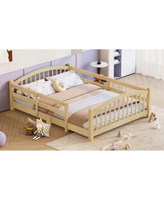 Montessori Floor Bed with Slats & Guardrails, Solid Wood, Easy Assemble