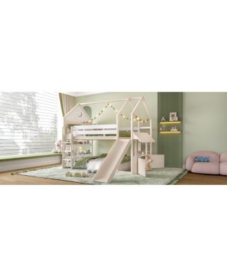 Streamdale Loft Bed with Bookshelf, Slide, and House-Shaped Design for Kids