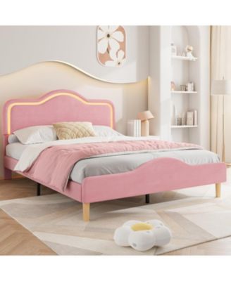 Upholstered LED Bed Frame with Adjustable Headboard and Footboard, Velvet Princess Platform Bedframe for Kids/Girls, Wooden Slats Support,