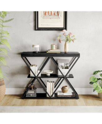 3-Tier Industrial Entryway Table with x-Shaped Metal Frame, Open Shelf Console Sofa Table for Living Room, Hallway