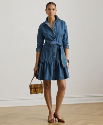Women's Long-Sleeve Belted Tiered Collared Denim Shirt Dress