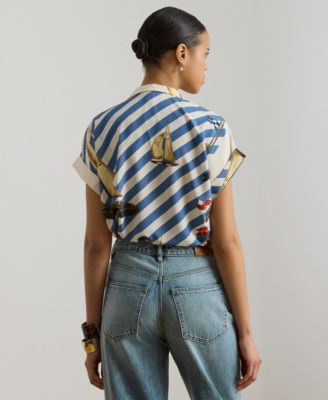 Women's Striped Sailboat-Print Collared Camp Shirt