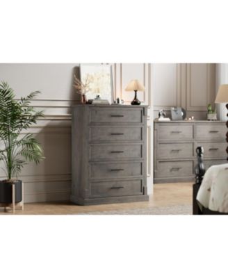 Farmhouse 5 Drawer Dresser for Bedroom, Tall Chest of Drawers with Metal Handles, Rustic Wooden Dresser TV Stand, for Living Room, Hallway.