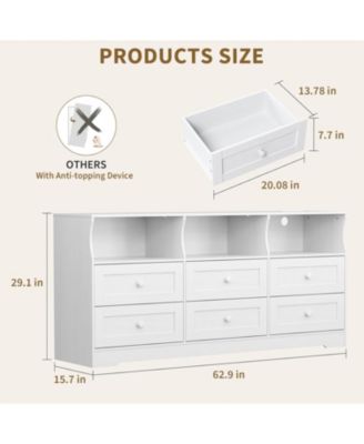 6 Drawer Dresser with RGB Lights & Power Outlet, Wooden Chest of Drawers with Open Shelves