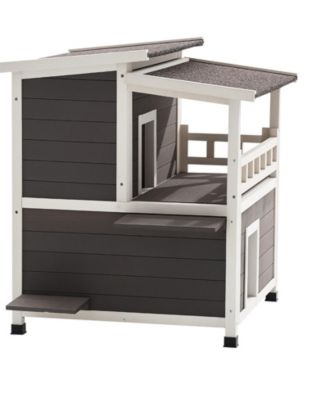 2-Story Insulated Cat House with Balcony, Weatherproof Wooden Shelter for Indoor & Outdoor Cats