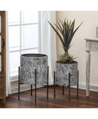Set of 2 Coastal Distressed White and Gray Metal Cachepot Planters with Metal Stand