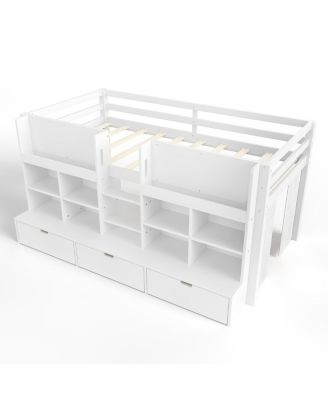 Twin Loft Bed with Multi-Storage Shelves, Curtain & Chalkboard