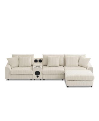 Streamdale 112" Corduroy Sectional Sofa w/ Bluetooth, Console, USB, Cup Holders, Storage