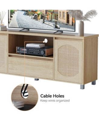 Rattan TV Stand for 65 Inch TV, Entertainment Center with Storage Drawer and Open Shelf, Wood
