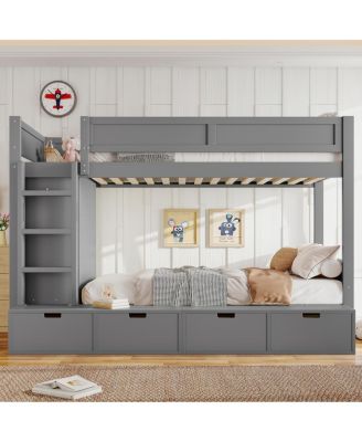 Twin over Twin Bunk Bed w/ 4 Drawers, Wardrobe, No Box Spring Needed