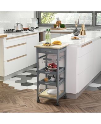Mobile Kitchen Cart, Solid Wood Frame Utility Cart, Rolling Kitchen Island with Wire Fruit Baskets, Trays and Drawer for Dining Room