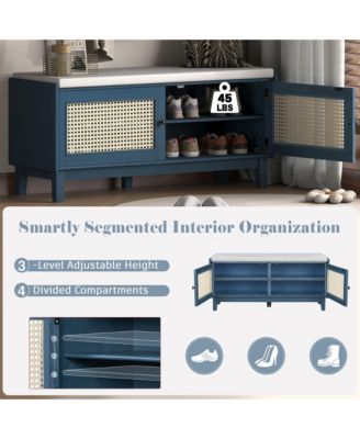 Rattan Shoe Storage Bench, Wooden Shoe Organizer with Cushion, 2 Doors, 2-Tier Shoe Rack and Adjustable Shelves for Entryway, Hallway