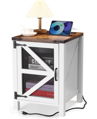 Nightstand with Charging Station, 18" Farmhouse Night Stand End Table with Barn Door, Rustic Wood Sofa Side Table with Storage