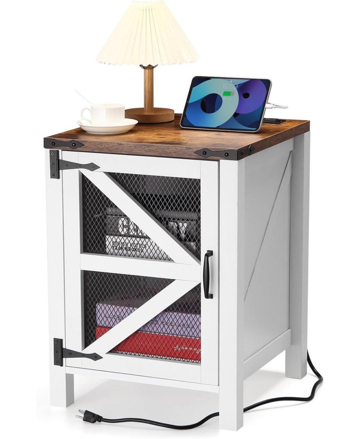 gaomon Nightstand with Charging Station, 18" Farmhouse Night Stand End Table with Barn Door, Rustic Wood Sofa Side Table with Storage
