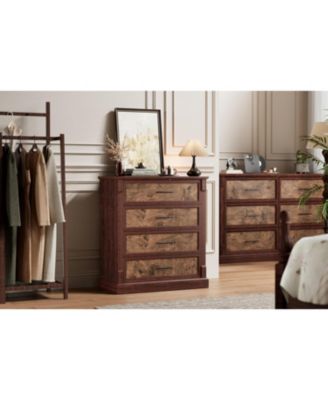 Farmhouse 4 Drawer Dresser for Bedroom, Tall Chest of Drawers with Metal Handles, Rustic Wooden Dresser TV Stand, for Living Room